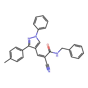 (E)-N-benzyl-2-cyano-3-[3-(4-methylphenyl)-1-phenylpyrazol-4-yl]prop-2-enamide structure
