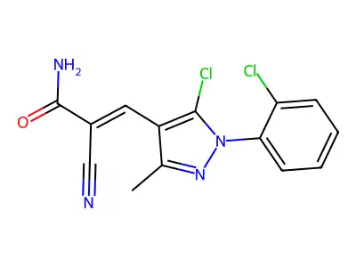 3-[5-chloro-1-(2-chlorophenyl)-3-methyl-1H-pyrazol-4-yl]-2-cyanoprop-2-enamide structure