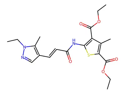 diethyl 5-{[3-(1-ethyl-5-methyl-1H-pyrazol-4-yl)acryloyl]amino}-3-methyl-2,4-thiophenedicarboxylate structure