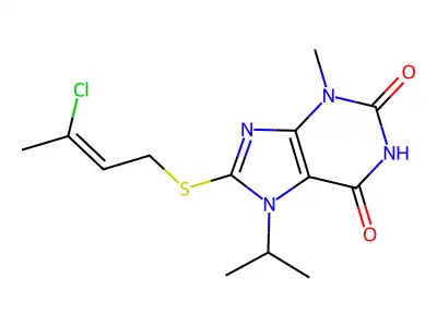 8-[(Z)-3-chlorobut-2-enyl]sulfanyl-3-methyl-7-propan-2-ylpurine-2,6-dione structure