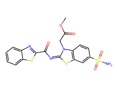 (Z)-methyl 2-(2-((benzo[d]thiazole-2-carbonyl)imino)-6-sulfamoylbenzo[d]thiazol-3(2H)-yl)acetate structure
