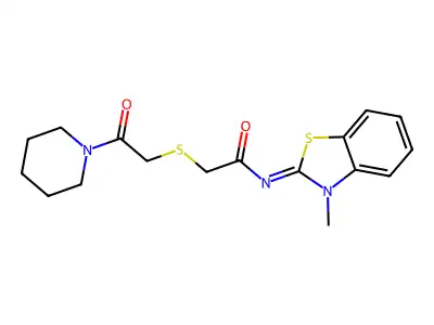 N-[(2Z)-3-methyl-2,3-dihydro-1,3-benzothiazol-2-ylidene]-2-{[2-oxo-2-(piperidin-1-yl)ethyl]sulfanyl}acetamide structure