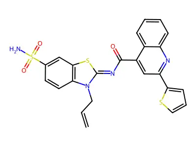 N-(3-prop-2-enyl-6-sulfamoyl-1,3-benzothiazol-2-ylidene)-2-thiophen-2-ylquinoline-4-carboxamide structure