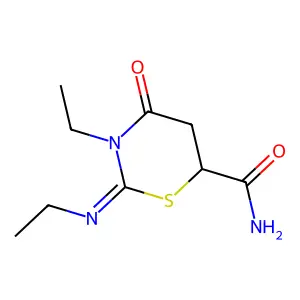 3-Ethyl-2-[(Z)-ethylimino]-4-oxo-[1,3]thiazinane-6-carboxylic acid amide structure