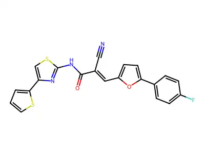2-cyano-3-[5-(4-fluorophenyl)furan-2-yl]-N-[4-(thiophen-2-yl)-1,3-thiazol-2-yl]prop-2-enamide structure