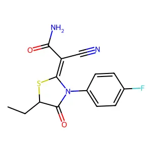 (E)-2-cyano-2-(5-ethyl-3-(4-fluorophenyl)-4-oxothiazolidin-2-ylidene)acetamide structure