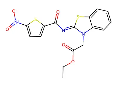 Ethyl 2-[2-(5-nitrothiophene-2-carbonyl)imino-1,3-benzothiazol-3-yl]acetate structure