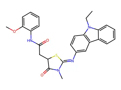 2-{2-[(9-ethyl-9H-carbazol-3-yl)imino]-3-methyl-4-oxo-1,3-thiazolidin-5-yl}-N-(2-methoxyphenyl)acetamide structure