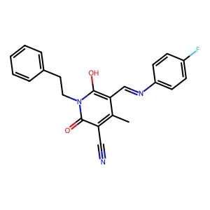 5-[(4-fluoroanilino)methylene]-4-methyl-2,6-dioxo-1-(2-phenylethyl)-1,2,5,6-tetrahydro-3-pyridinecarbonitrile structure