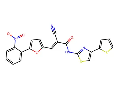 (E)-2-cyano-3-[5-(2-nitrophenyl)furan-2-yl]-N-(4-thiophen-2-yl-1,3-thiazol-2-yl)prop-2-enamide structure