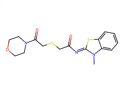 N-[(2Z)-3-methyl-2,3-dihydro-1,3-benzothiazol-2-ylidene]-2-{[2-(morpholin-4-yl)-2-oxoethyl]sulfanyl}acetamide structure