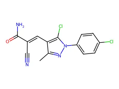 3-[5-chloro-1-(4-chlorophenyl)-3-methyl-1H-pyrazol-4-yl]-2-cyanoprop-2-enamide structure