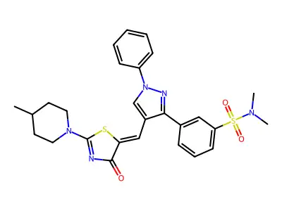 N,N-Dimethyl-3-{4-[2-(4-methyl-piperidin-1-yl)-4-oxo-4H-thiazol-(5Z)-ylidenemethyl]-1-phenyl-1H-pyrazo l-3-yl}-benzenesulfonamide structure