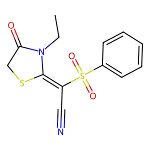 (2E)-(3-ethyl-4-oxo-1,3-thiazolidin-2-ylidene)(phenylsulfonyl)ethanenitrile structure