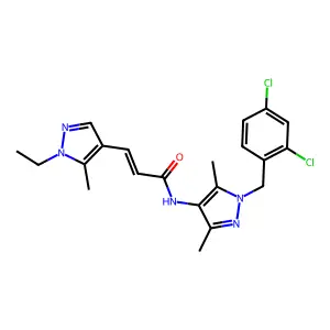 (E)-N-[1-[(2,4-dichlorophenyl)methyl]-3,5-dimethylpyrazol-4-yl]-3-(1-ethyl-5-methylpyrazol-4-yl)prop-2-enamide structure