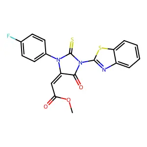 methyl (2E)-[1-(1,3-benzothiazol-2-yl)-3-(4-fluorophenyl)-5-oxo-2-thioxoimidazolidin-4-ylidene]ethanoate structure