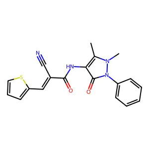 (Z)-2-cyano-N-(1,5-dimethyl-3-oxo-2-phenylpyrazol-4-yl)-3-thiophen-2-ylprop-2-enamide structure