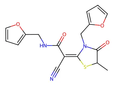 (2E)-2-cyano-N-(furan-2-ylmethyl)-2-[3-(furan-2-ylmethyl)-5-methyl-4-oxo-1,3-thiazolidin-2-ylidene]acetamide structure