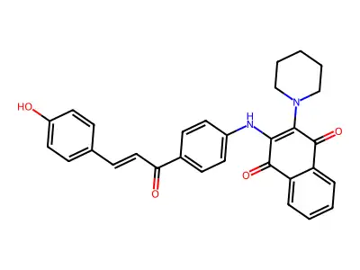 2-({4-[3-(4-Hydroxyphenyl)acryloyl]phenyl}amino)-3-(1-piperidinyl)naphthoquinone structure