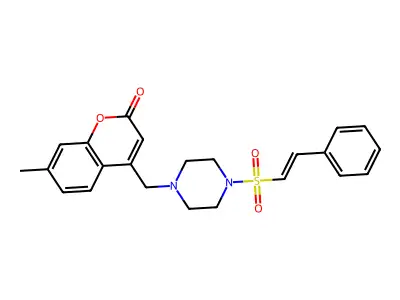 7-methyl-4-[[4-[(E)-2-phenylethenyl]sulfonylpiperazin-1-yl]methyl]chromen-2-one structure
