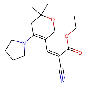 (E)-ethyl 2-cyano-3-(6,6-dimethyl-4-(pyrrolidin-1-yl)-5,6-dihydro-2H-pyran-3-yl)acrylate structure