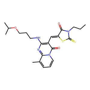 (5Z)-5-[[9-methyl-4-oxo-2-(3-propan-2-yloxypropylamino)pyrido[1,2-a]pyrimidin-3-yl]methylidene]-3-propyl-2-sulfanylidene-1,3-thiazolidin-4-one structure