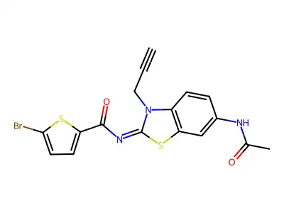 N-(6-acetamido-3-prop-2-ynyl-1,3-benzothiazol-2-ylidene)-5-bromothiophene-2-carboxamide structure