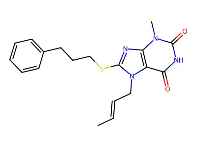 7-[(E)-but-2-enyl]-3-methyl-8-(3-phenylpropylsulfanyl)purine-2,6-dione structure