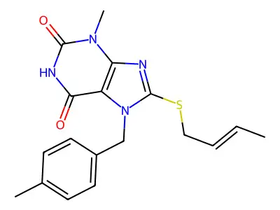 8-[(E)-but-2-enyl]sulfanyl-3-methyl-7-[(4-methylphenyl)methyl]purine-2,6-dione structure