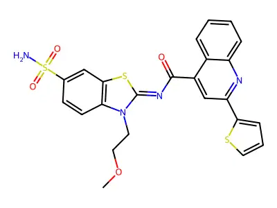 N-[3-(2-methoxyethyl)-6-sulfamoyl-1,3-benzothiazol-2-ylidene]-2-thiophen-2-ylquinoline-4-carboxamide structure