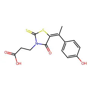 (Z)-3-(5-(1-(4-hydroxyphenyl)ethylidene)-4-oxo-2-thioxothiazolidin-3-yl)propanoic acid structure