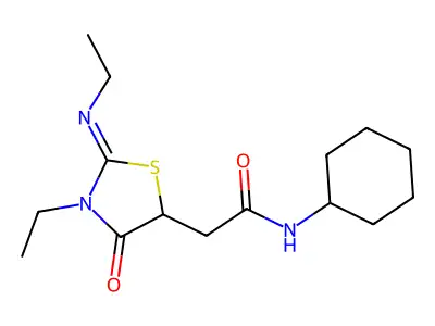 (E)-N-cyclohexyl-2-(3-ethyl-2-(ethylimino)-4-oxothiazolidin-5-yl)acetamide structure