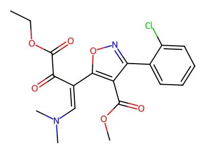 methyl 3-(2-chlorophenyl)-5-[1-(dimethylamino)-4-ethoxy-3,4-dioxobut-1-en-2-yl]-1,2-oxazole-4-carboxylate structure