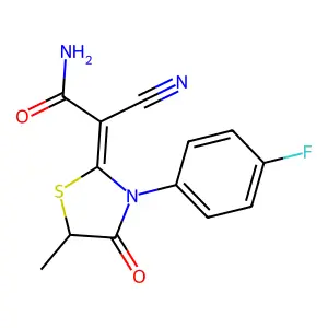 (E)-2-cyano-2-(3-(4-fluorophenyl)-5-methyl-4-oxothiazolidin-2-ylidene)acetamide structure