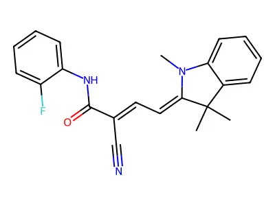 (E,4Z)-2-cyano-N-(2-fluorophenyl)-4-(1,3,3-trimethylindol-2-ylidene)but-2-enamide structure