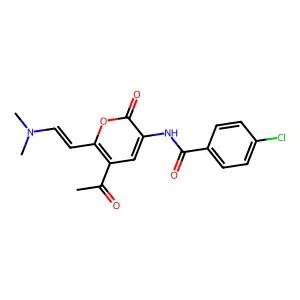 N-[5-acetyl-6-[2-(dimethylamino)ethenyl]-2-oxopyran-3-yl]-4-chlorobenzamide structure