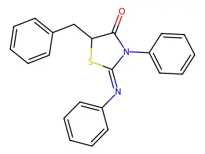 (2Z)-5-benzyl-3-phenyl-2-(phenylimino)-1,3-thiazolidin-4-one structure