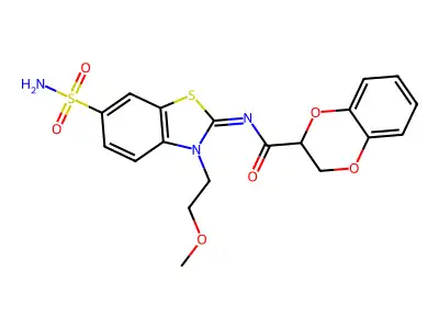 N-[(2Z)-3-(2-methoxyethyl)-6-sulfamoyl-2,3-dihydro-1,3-benzothiazol-2-ylidene]-2,3-dihydro-1,4-benzodioxine-2-carboxamide structure
