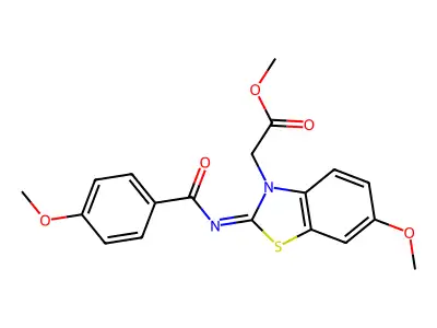 Methyl 2-[6-methoxy-2-(4-methoxybenzoyl)imino-1,3-benzothiazol-3-yl]acetate structure