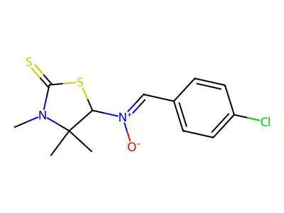 1-(4-chlorophenyl)-N-(3,4,4-trimethyl-2-sulfanylidene-1,3-thiazolidin-5-yl)methanimine oxide structure