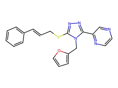 2-{4-(2-furylmethyl)-5-[(3-phenyl-2-propen-1-yl)thio]-4H-1,2,4-triazol-3-yl}pyrazine structure