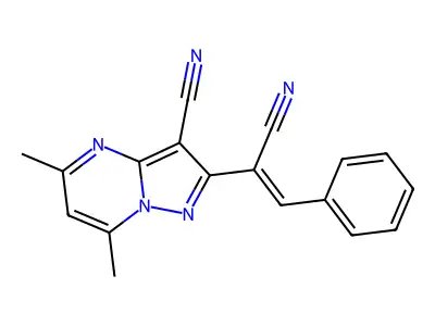 2-(1-cyano-2-phenyleth-1-en-1-yl)-5,7-dimethylpyrazolo[1,5-a]pyrimidine-3-carbonitrile structure
