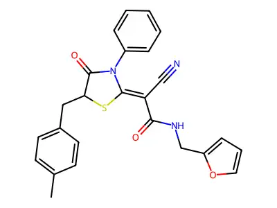 (2Z)-2-cyano-N-(furan-2-ylmethyl)-2-[5-[(4-methylphenyl)methyl]-4-oxo-3-phenyl-1,3-thiazolidin-2-ylidene]acetamide structure