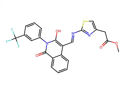 Methyl (E)-2-(2-(((1,3-dioxo-2-(3-(trifluoromethyl)phenyl)-2,3-dihydroisoquinolin-4(1H)-ylidene)methyl)amino)thiazol-4-yl)acetate structure