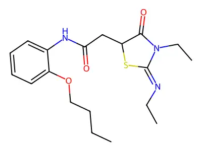 N-(2-butoxyphenyl)-2-[(2E)-3-ethyl-2-(ethylimino)-4-oxo-1,3-thiazolidin-5-yl]acetamide structure