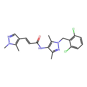 (E)-N-[1-[(2,6-dichlorophenyl)methyl]-3,5-dimethylpyrazol-4-yl]-3-(1,5-dimethylpyrazol-4-yl)prop-2-enamide structure