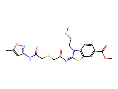 methyl (2Z)-3-(2-methoxyethyl)-2-{[2-({[(5-methyl-1,2-oxazol-3-yl)carbamoyl]methyl}sulfanyl)acetyl]imino}-2,3-dihydro-1,3-benzothiazole-6-carboxylate structure