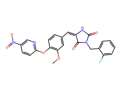 (5E)-3-(2-fluorobenzyl)-5-{3-methoxy-4-[(5-nitropyridin-2-yl)oxy]benzylidene}imidazolidine-2,4-dione structure