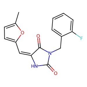 (5E)-3-[(2-fluorophenyl)methyl]-5-[(5-methylfuran-2-yl)methylidene]imidazolidine-2,4-dione structure