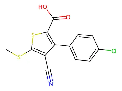 3-(4-Chlorophenyl)-4-cyano-5-(methylthio)thiophene-2-carboxylic acid structure
